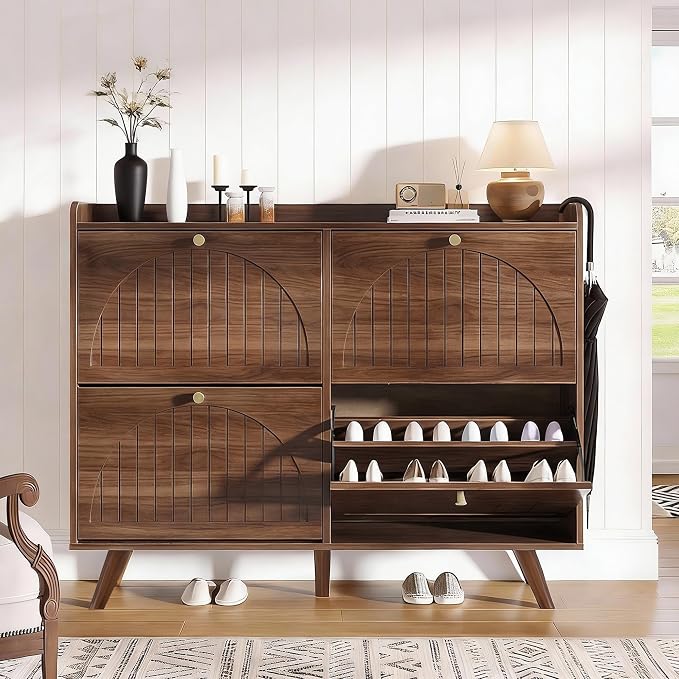Decofy 47.2” Shoe Cabinet with 4 flip-Down Drawers, Three Adjustable Levels, freestanding Wooden Shoe Rack, Suitable for entryway, Hallway, and Living Room (Walnut)
