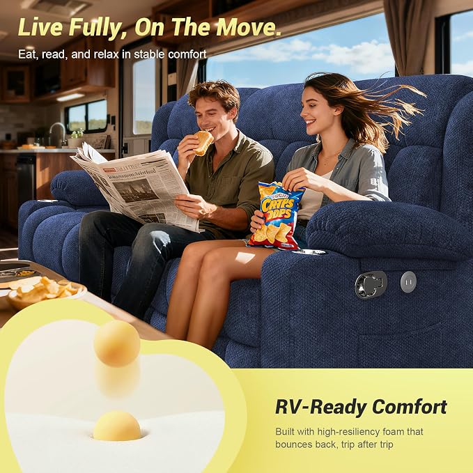 RV Loveseat Recliner Sofa, 3 Seater Reclining Sofa with Flip Back Console, Modern Reclining Couch with USB Ports, Cup Holders, Insert Pockets, RV Recliners for Travel Trailers & Living Room