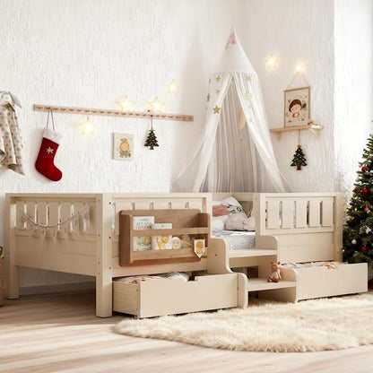 Full Platform Bed with Storage Drawers and Bookshelves, Kids Platform Bed Frame with Low-profile Stairs and Full-length Guardrails, Full Bed Frame for Kids, Boys, Girls, No Box Spring Needed, Beige