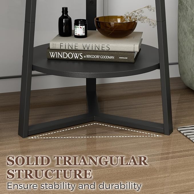 Gadroad Round End Table with Storage Shelf, 2 Tier Farmhouse Side Table Nightstand for Living Room, Bedroom, Wood Tabletop & Black Metal Frame, Black 15.7 * 15.7 * 23.0inches