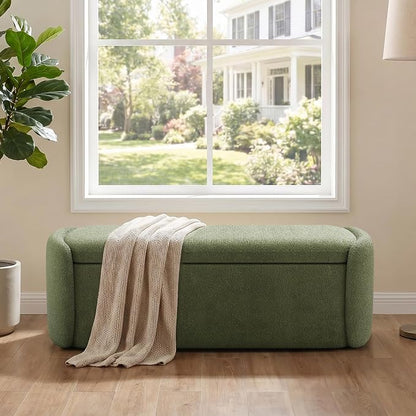 VKNOW 51" Storage Ottoman Bench, Upholstered End of Bed Bench with Smooth Hinges, Oval Large Ottoman Bench for Bedroom, Living Room and Hallway Entryway, Green