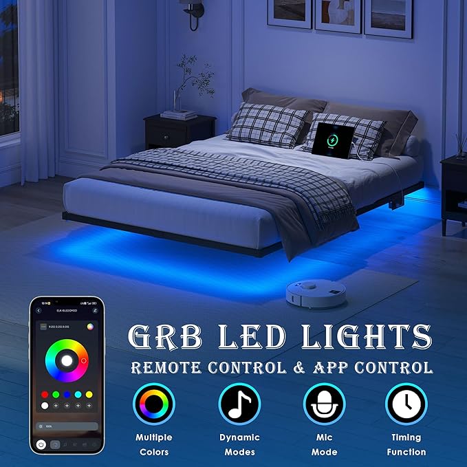 YORMDMO Floating Bed Frame Queen Size, Heavy Duty Bedframe with Smart LED Lights & Charging Station, Modern Metal Platform Bed, Easy Assembly No Box Spring Needed, 10 Inch