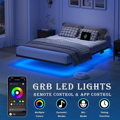 YORMDMO Floating Bed Frame Queen Size, Heavy Duty Bedframe with Smart LED Lights & Charging Station, Modern Metal Platform Bed, Easy Assembly No Box Spring Needed, 10 Inch