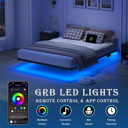 YORMDMO Floating Bed Frame Full Size, Heavy Duty Bedframe with Smart LED Lights & Charging Station, Modern Metal Platform Bed, Easy Assembly No Box Spring Needed, 10 Inch