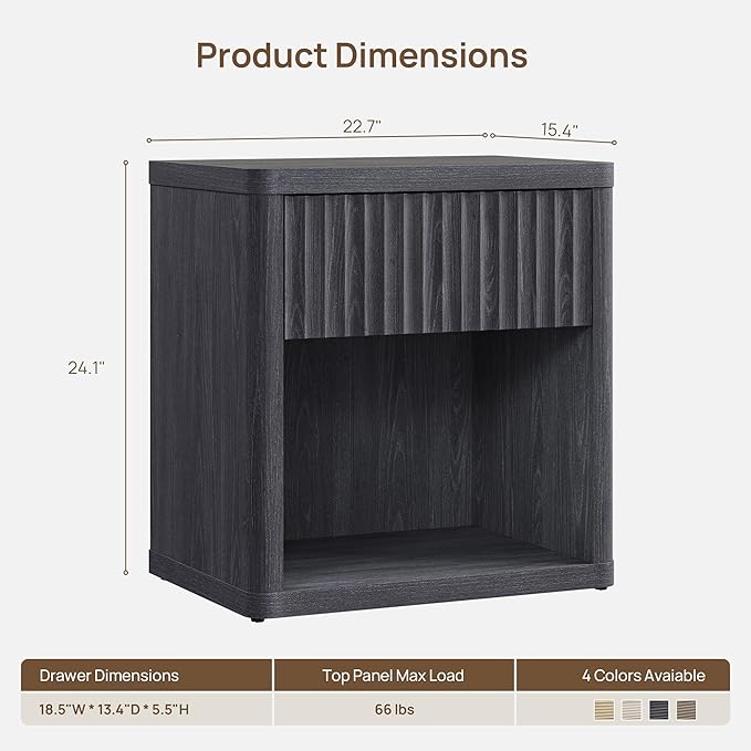 SICOTAS Night Stand Nightstand with Drawer Storage Fluted Bed Side Table End Table Large Modern Wide Bedside Mid Century Night Stands for Bedroom Living Room Sofa Couch Home Office, Dark Grey Alder