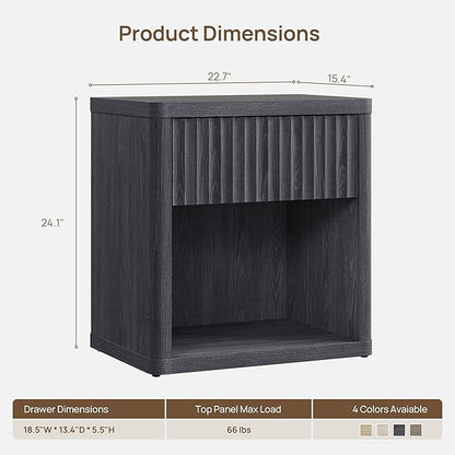 SICOTAS Night Stand Set of 2 Nightstands with Drawer Storage Fluted Bed Side Table End Table Large Modern Wide Bedside Mid Century Night Stands for Bedroom Living Room Sofa Office, Dark Grey Alder