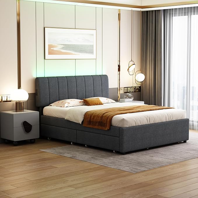 Queen Size Upholstered Platform Bed w/Trundle Bed & 2Storage Drawers | Twin Size Trundle,Two Drawers,LED Lighting Controlled by APP, USB+Type-C Charging Ports,Linen Upholstered Bed Frame,Dark Grey