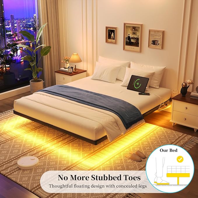 Awesofurni Floating Bed Frame Full Size with Smart LED Lights and Charging Station, Heavy Duty Modern Metal Platform Bed No Box Spring Needed - Easy Assembly and Noise Free
