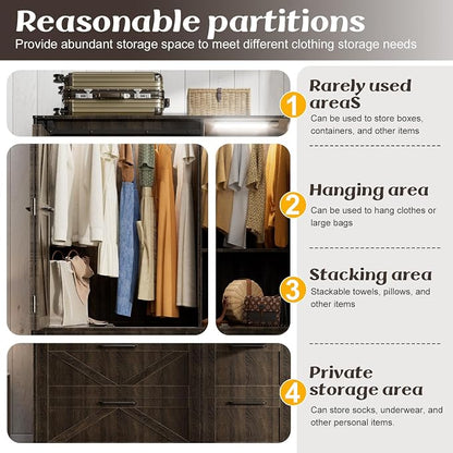 PAKASEPT Armoire Wardrobe Closet with w/Folding Sliding Barn Door | Bedroom Armoires with Mirror and LED Lights, Hanging Rod, Wardrobe Closet for Bedroom (6 Doors)