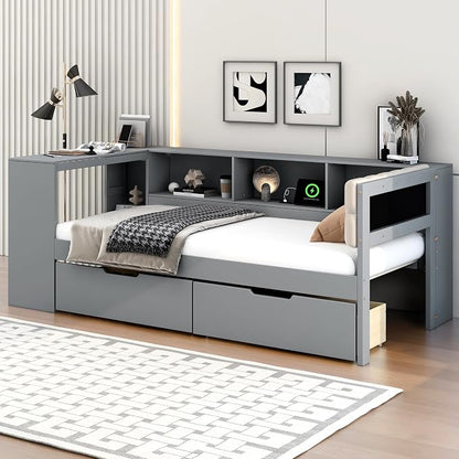 Ball & Cast Twin Size Wood L-Shaped Daybed with Storage Shelves and Built-in Desk,Platform Bed w/Under-Bed Drawers & Charging Station,Upholstered Headboard,No Box Spring Needed,for Student Dorms,Gray