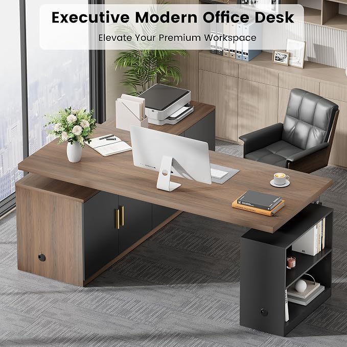 ModernMate L Shaped Electric Standing Desk with Drawers & File Cabinet, 67x60 Corner Executive Workstation, 59" One-Piece Desktop, Height Adjustable with Charging Station for Home Office, Black Walnut