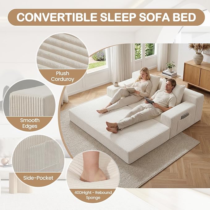 Boneless Loveseat Small Couch Bed, Futon Sleeper Sofa Bed,Convertible Pull Out Couch with 2 Pillows,Corduroy Folding Floor Couch for Living Room,No Assembly Required,Beige