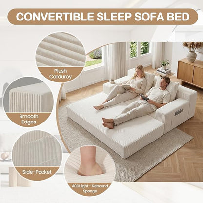 Boneless Loveseat Small Couch Bed, Futon Sleeper Sofa Bed,Convertible Pull Out Couch with 2 Pillows,Corduroy Folding Floor Couch for Living Room,No Assembly Required,Beige