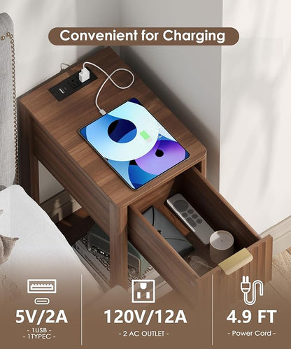 Akxomel Narrow Fluted Nightstands Set of 2, Wooden Slim Bedside Table with Charging Station, Mid-Century Modern Night Stand with Drawer and Open Shelf, Small Side End Table, for Bedroom, Walnut