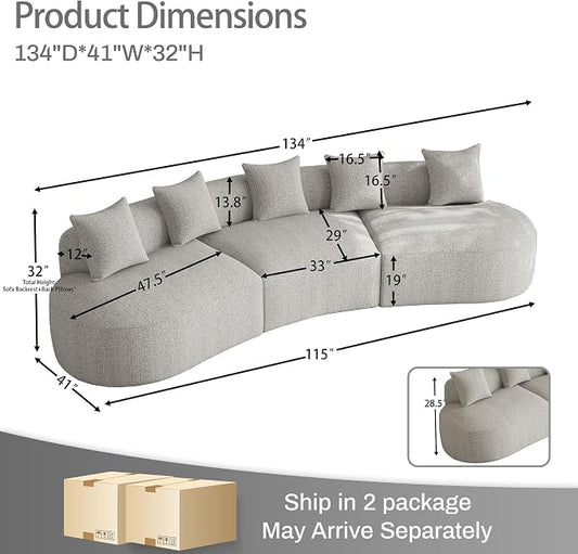 134" Curved Modular Sectional Sofa for Living Room, Modern Chenille Oversized Cloud Couch, Plush Luxury 6-Seater Extra Deep Seat Boucle Boneless Sofa, No Assembly Required, Grey