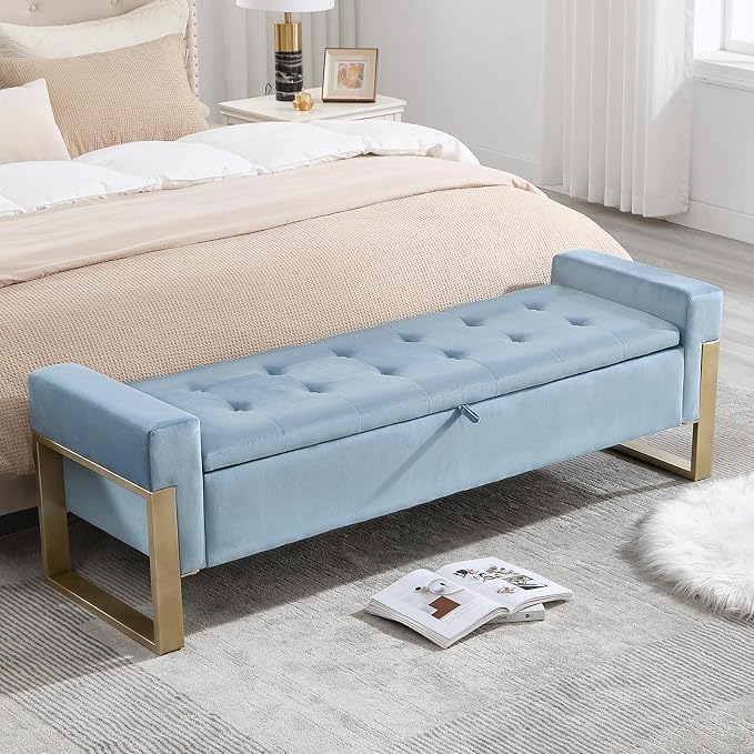 67'' End of Bed Storage Bench, Storage Ottoman Bench for Bedroom King Size, Modern Velvet Bed Benches for Foot of Beds with Gold Legs for Window Living Room Entryway, Light Blue