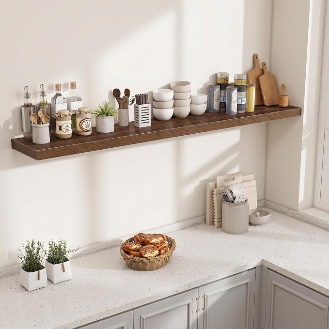 Fun Memories 72 Inch Fireplace Mantel Shelf, 10 Inch Deep Shelves for Display & Wall Storage, Rustic Wood Wall Shelf, Extra Long Floating Shelves for Living Room Laundry Room, Walnut, Set of 2