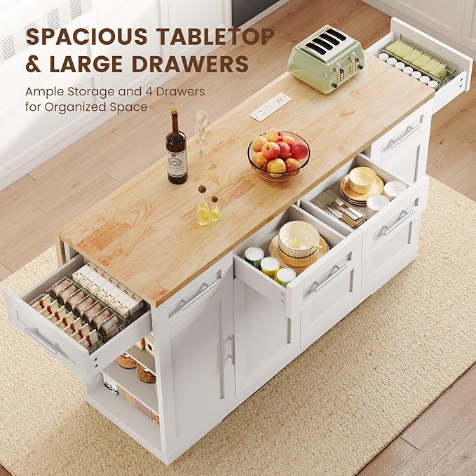 Dripex 53'' Rolling Kitchen Island with Power Outlet, Drop Leaf & Trash Can Storage, Large Island Cart on Wheels with Rubberwood Top, 4 Drawers, Open Shelves, for Kitchen, Dining Room (White)