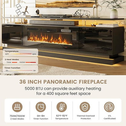 70" Fireplace TV Stand, Modern Entertainment Center for TVs Up to 80", TV Console with Storage Cabinets, Media Console for Living Room, 70IN Glossy Black TV Stand and 36IN Black Fireplace