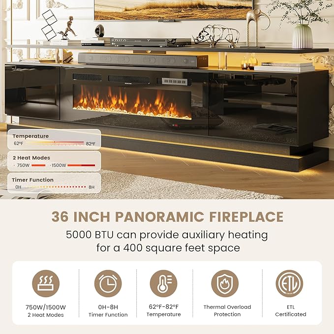70" Fireplace TV Stand, Modern Entertainment Center for TVs Up to 80”, TV Console with Storage Cabinets, Media Console for Living Room, Black TV Stand and Black Fireplace