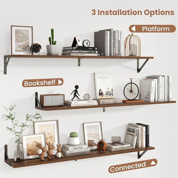 Axeman 48 Inch Floating Shelves | 8 Inch Deep Walnut Wall Shelves Set of 2 | 47.3W x 8D Rustic Wood Shelves for Bookshelf Living Room Bedroom Home Office Bathroom