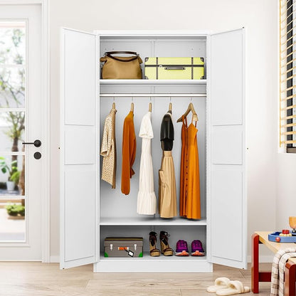 Metal Wardrobe Cabinet,Armoire Wardrobe Closet with doors,White Metal Clothing Storage Cabinet with Adjustable Shelves and Hanging Rod,72" Tall Cloth Storage Cabinets for Home,Bedroom Armoires,Laundry