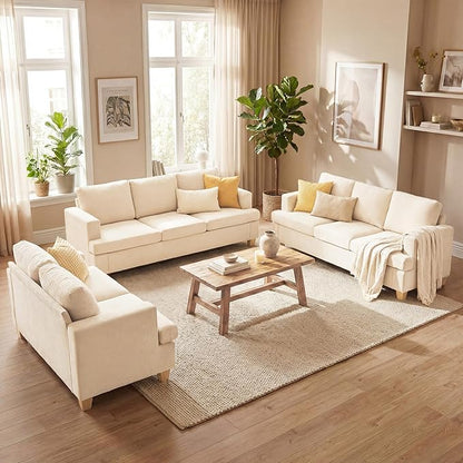 YOUDENOVA Sofa, 3 Piece Set Comfy Sofa, Loveseat & 2 3-Seater Couch with Deep Seats for Living Room, Modern Sleeper Couch, Beige Chenille