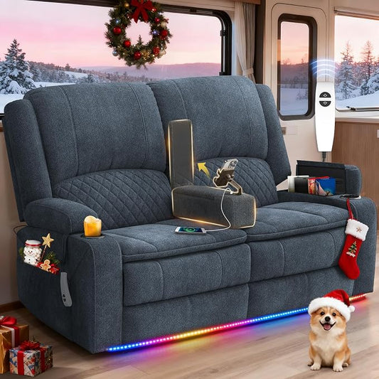 Loveseat Recliner Sofa, Power Reclining Loveseat Sofa RV Couch with Removable Armrest and Remote Control, Wall Hugger Home Theater Seating with 2-Tier Cushions, Storage & USB Ports, Blue