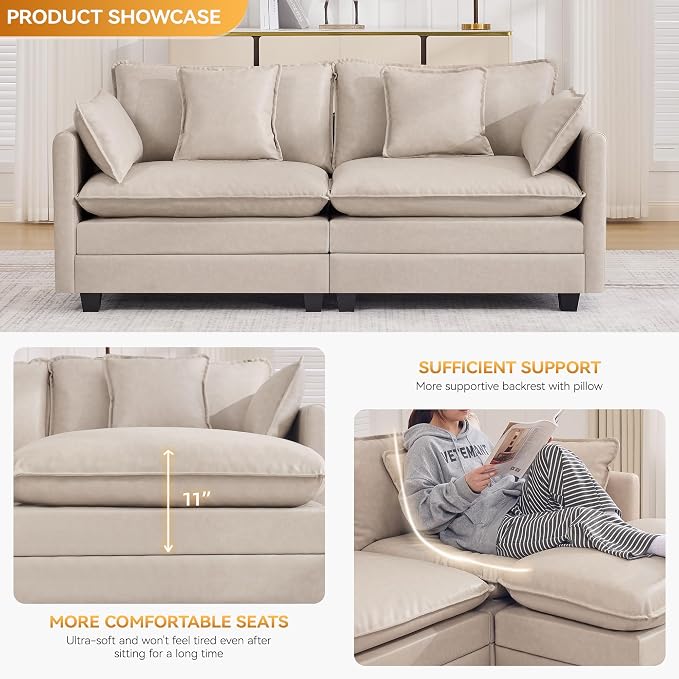 76'' Cloud Deep Seat Loveseat, Upholstered Leather Modular 2-Seats Sectional Sofa Couch, Modern Comfy Settee Loveseat for Living Room Set, Small Apartment, Leather Beige
