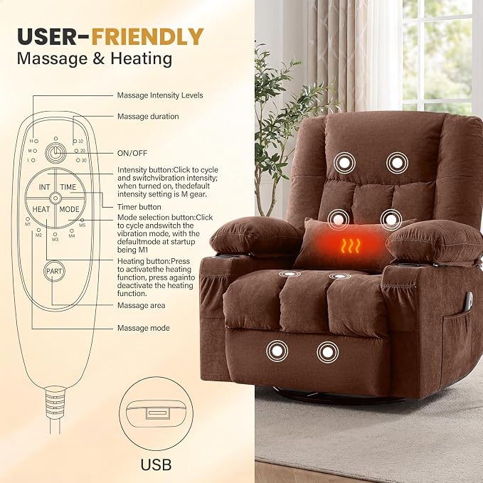 Swivel Recliner Chair for Adults with Vibration Massage and Lumbar Heat , Oversized Ergonomic Rocking Chair for Living Room and Bedroom, Featuring Side Pocket, 2 Cup Holders & USB Charge Port