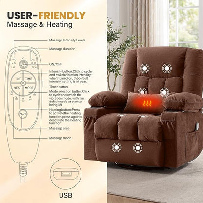 Swivel Recliner Chair for Adults with Vibration Massage and Lumbar Heat , Oversized Ergonomic Rocking Chair for Living Room and Bedroom, Featuring Side Pocket, 2 Cup Holders & USB Charge Port