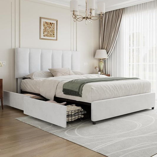 VECELO Full Size Bed Frame with 4 Storage Drawers, Adjustable Height Headboard, Heavy-Duty Platform Bedframe with Strong Wooden Slats, No Box Spring Needed, Pure White