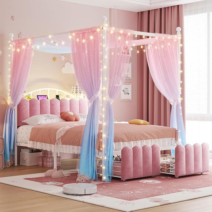 Homkdom Canopy Bed Frame Full with Upholstered Storage Headboard and Charging Station & LED Lights, 2 Oversized Drawers,Heavy-Duty Support, No Box Spring,Quiet Sleep,Easy Assembly, Pink