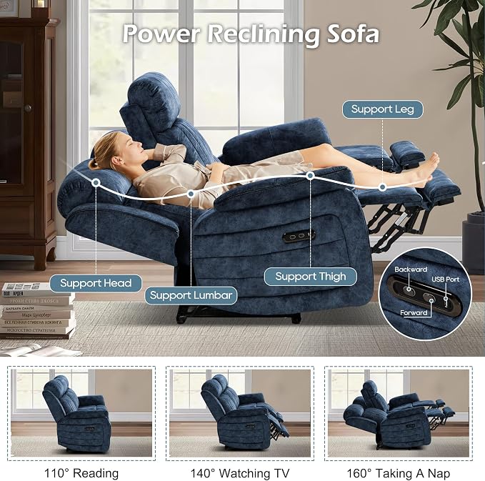 Zero Gravity Power Reclining Sofa with Adjustable Headrest, Electric Reclining Couch with Wireless Charge, USB Ports, Power Loveseat Recliner Sofa for Living Room (Blue-Sofa)