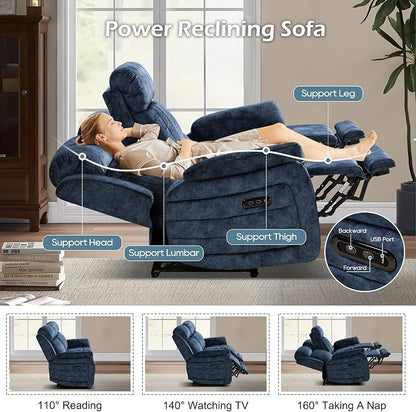 Zero Gravity Power Reclining Sofa with Adjustable Headrest, Electric Reclining Couch with Wireless Charge, USB Ports, Power Loveseat Recliner Sofa for Living Room (Blue-Sofa)