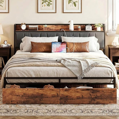 LIKIMIO King Size Bed Frame with 2 Drawers and Charging Station | Platform Bed with Upholstered Storage Headboard, No Box Spring Needed, Easy Assembly, Sturdy, Industrial Brown and Gray