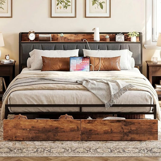 LIKIMIO King Size Bed Frame with 2 Drawers and Charging Station | Platform Bed with Upholstered Storage Headboard, No Box Spring Needed, Easy Assembly, Sturdy, Industrial Brown and Gray