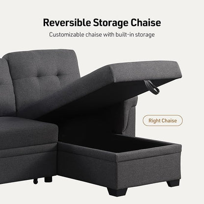 Lilola Home Convertible Sectional Sleeper Sofa Bed 84 Inch, L Shaped Couch with Pull Out Bed, Storage Chaise, Removable Back Cushions for Living Room, Office, Linen Fabric, Dark Gray