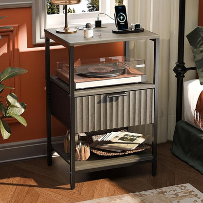VINGLI Nightstands Set of 2 with Charging Station and Fabric Drawer, Fluted Grey Night Stand Set of 2, Gray Nightstand with Drawer, Bed side Tables/End Tables for Bedroom,14.96"W*11.81"D*23.7"H, 2 pcs
