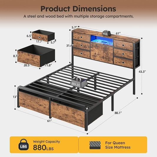 Homkdom Queen Size Bed Frame with 8 Fabric Drawers Storage, LED Lights & Charging Station, and Headboard Storage,Offering Noise-Free Support and Easy Assembly for Bedroom,Modern Brown