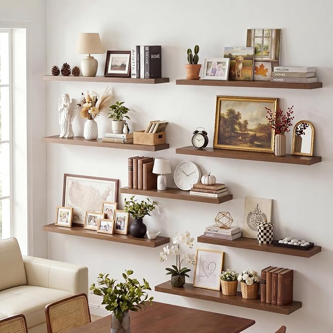 Vivelove 10.2 Inches Floating Shelves Wall Mounted, 10" Deep Wall Shelves for Bedroom, Bathroom, Living Room, Kitchen, Office, Home Decor, Modern Shelf, Set of 2, Walnut, 10.2x10.2x1.5