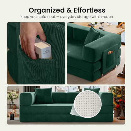 78.8" Convertible Sofa Bed,Corduroy Futon Couch with Storage Pocket,Folding Pull Out Futon Sofa,No Assembly Boneless Couch for Living Room, Forest Green