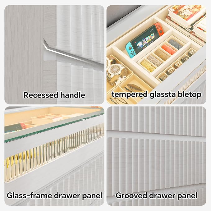 senlin Modern 16 Drawer Wardrobe Armoire with Glass Top LED Lights,Fluted Island Dresser Bedroom Closet Organizer System,Large Clothing Storage Cabinet with Jewelry Tray,Hidden Handles