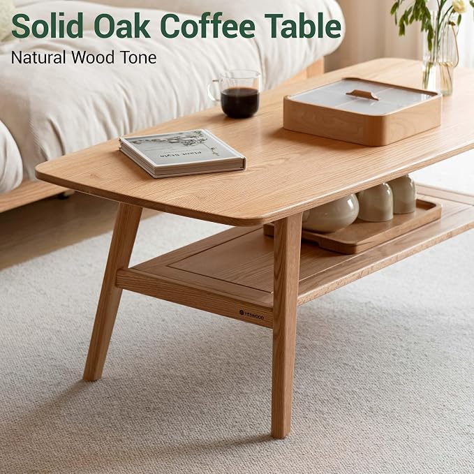 100% Solid Wood Coffee Table for Living Room, 47.24" Mid Century Modern Tables with Shelf Storage, 2-Tier Coffee Table with Rounded Corners (Oak Wood Log Color, 47.24" L)