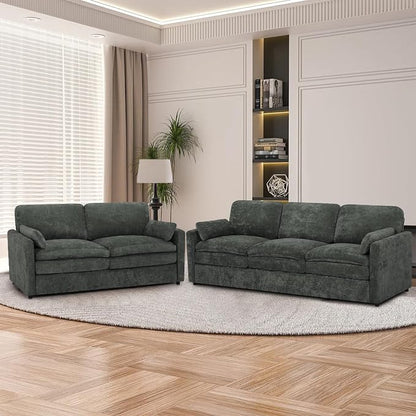 2 Pieces Chenille Sofa Set w/Two Throw Pillows, Upholstered Loveseat & 3 Seater Sofa w/Comfortable Back Cushions, Modern 2-Seat & 3-Seat w/High-Density Foam for Living Room, Apartment, Grey