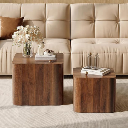 Nesting Coffee Table Set of 2, Modern Coffee Table and End Table Sets, Small Wooden Nesting Side Tables for Living Room Bedroom Apartment(Walnut)