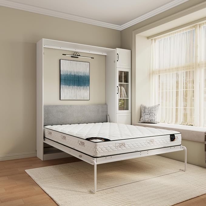 Bobve Farmhouse Murphy Bed Queen, 85" Wall Bed Folds to Save Space,Concealed Bed Frame with 1 Glass Storage Cabinet and Wall Mounted Features for Apartment/Office/Guest Room