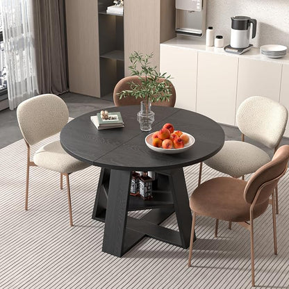 43.3in-59in Extendable Round Dining Table for 4-8,Modern Kitchen Oval Dining Table with Removable Leaves Space Saving,Wood Base with Storage Shelf for Kitchen Living Room (Black)