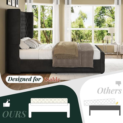 Jocisland King Size Upholstered Bed Frame with 6.3-Inch Curved Wingback Headboard, Tufted Footboard, Wood Slats, No Box Spring Needed, Black Velvet