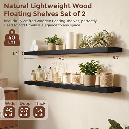 fuqing 40 Inch Floating Shelves | 6.7 Inch Deep Black Shelves for Wall Set of 2 | 40''W x 6.7''D x 1.4''H Black Wood Shelves for Living Room Bathroom Bedroom Kitchen Home Office